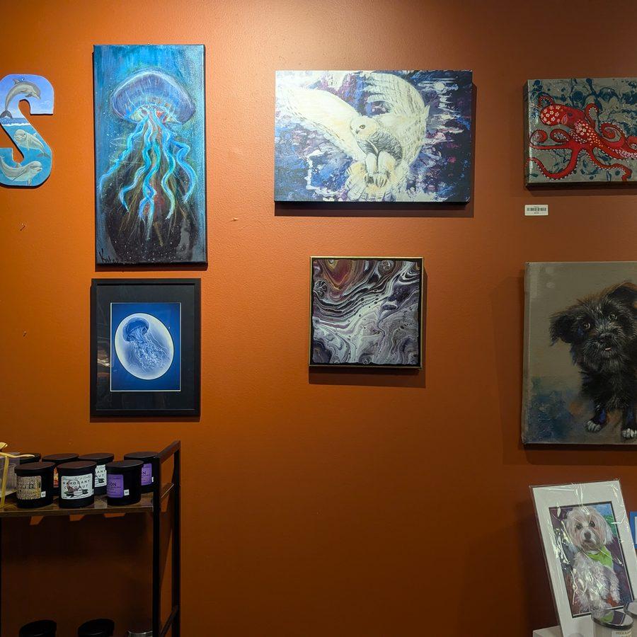 Gallery wall featuring jellyfish, owl, and octopus paintings by local artists
